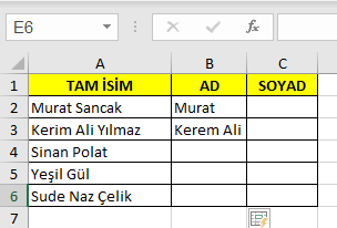 Exelde İsim-Soyad Ayırma 2