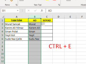 Exelde İsim-Soyad Ayırma 3