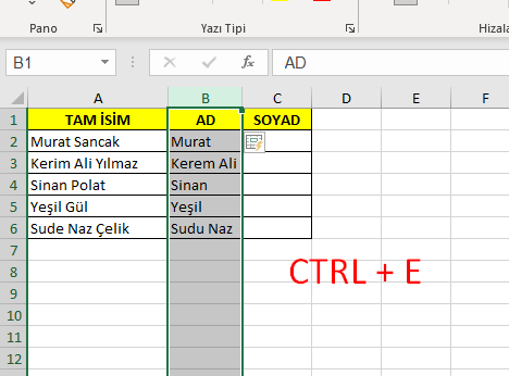 Exelde İsim-Soyad Ayırma 3